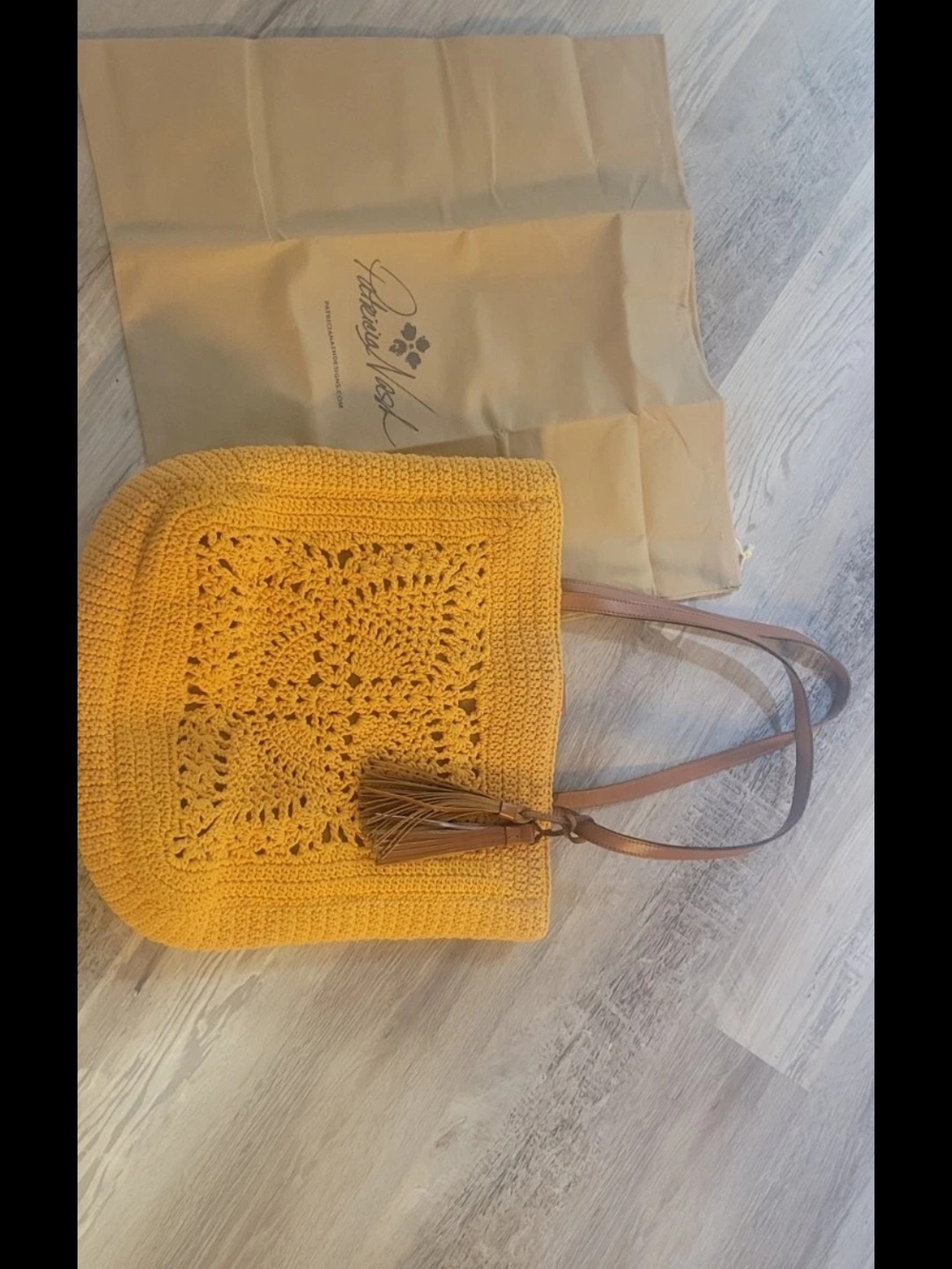 Patricia Nash Yellow Crochet Tote with Tassel and Brown Straps